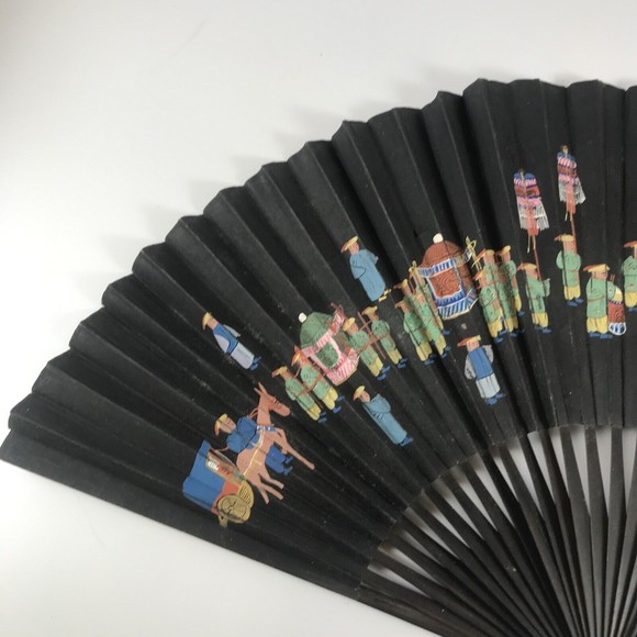 Vintage Asian Handheld Fan Band Parade Scene Black Hand Painted - Picture 4 of 10